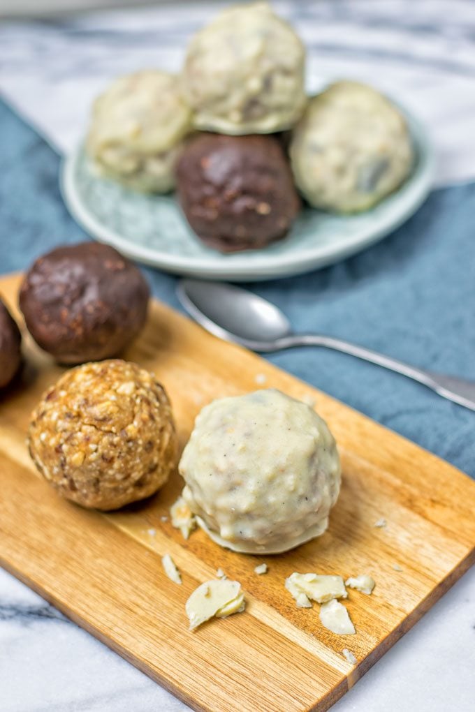 Closeup on a white-chocolate covered energy balls.