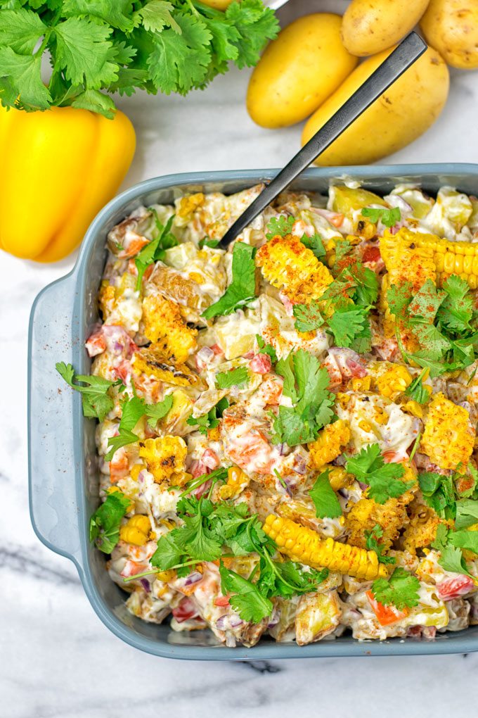 Top view on serving dish filled with the Mexican Street Corn Salad.