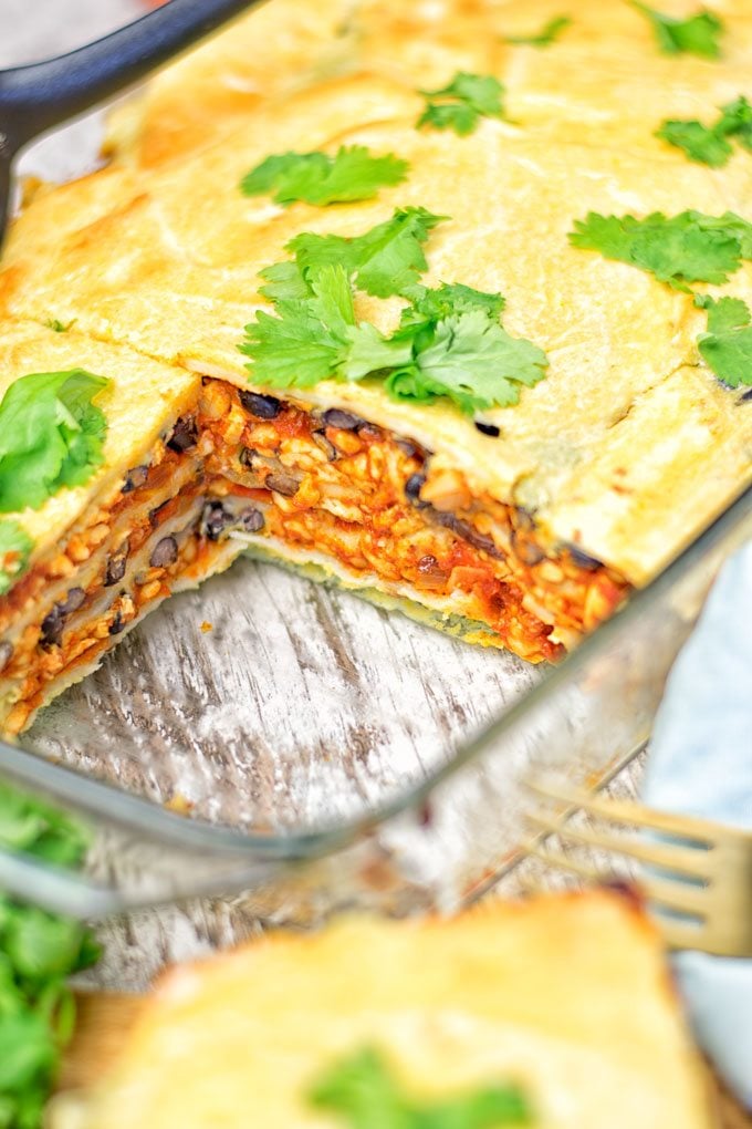 Easy Vegan Taco Lasagna in the glass casserole dish.