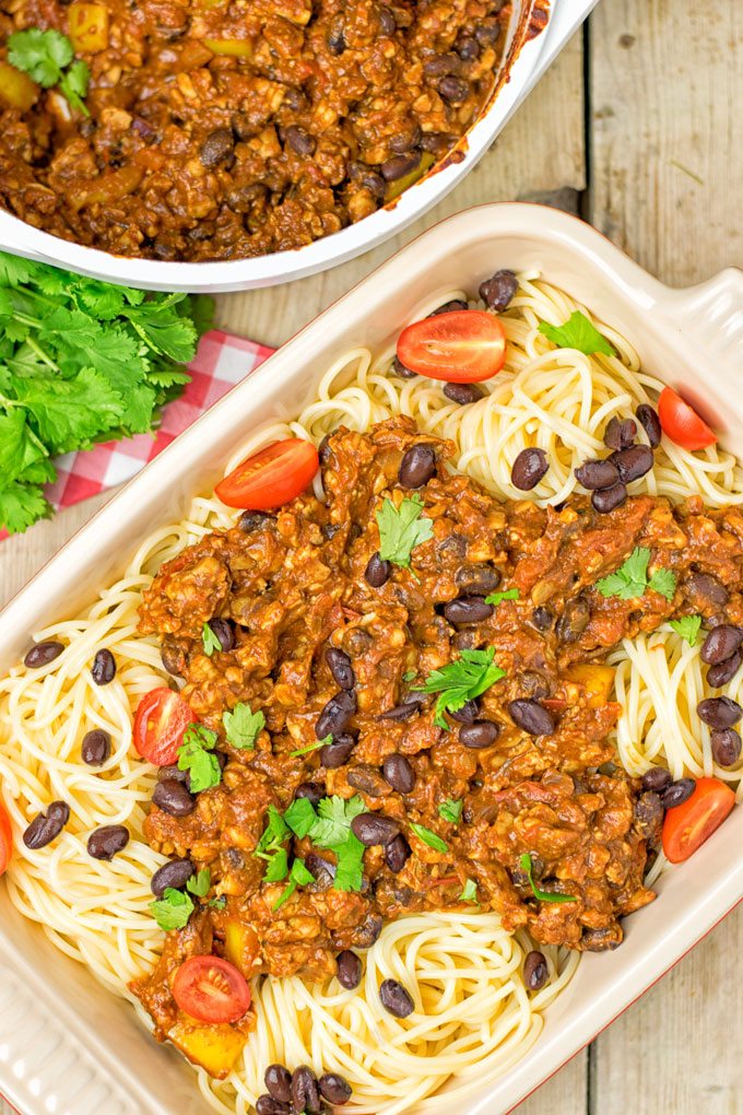 Top view on a casserole dish with the Vegetarian Cincinnati Chili