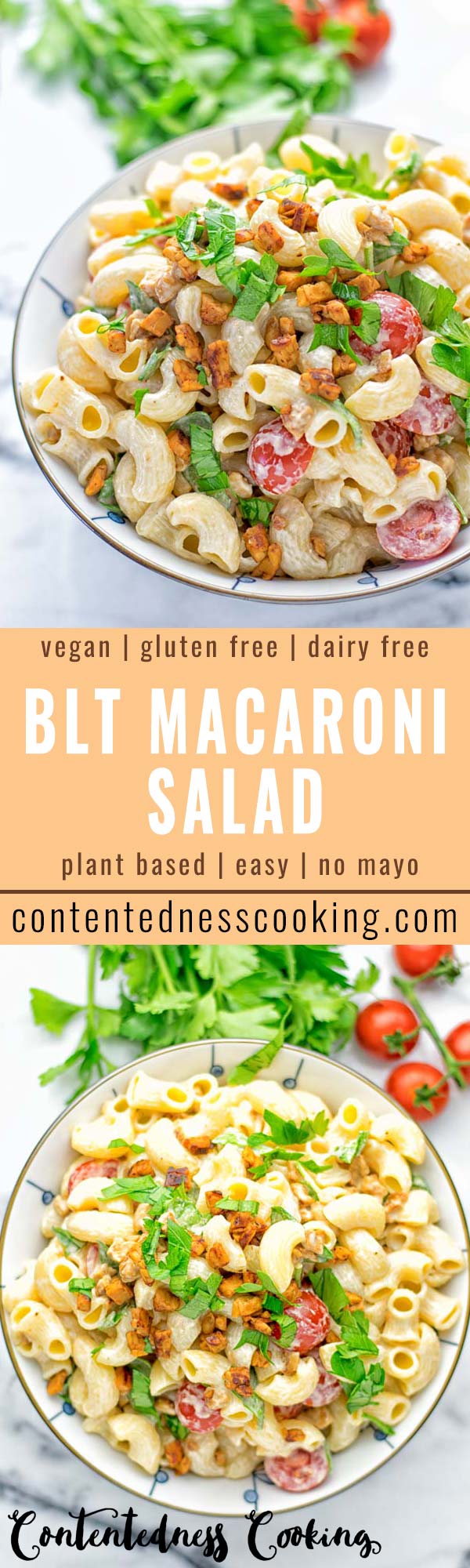 Incredibly easy and insanely delicious: This BLT macaroni salad is entirely vegan, gluten free and made with no mayo. It's an amazing dinner, lunch or perfect for potlucks and parties. A great dairy free alternative for work lunch, meal prep and a winning combo for a bbq side dish. The ultimate comfort food super easy to make with all the best flavors. Try it now. #vegan #glutenfree #vegetarian #dairyfree #contentednesscooking #blt #pasta #salad #mealprep #worklunch #easyfood #budgetfriendly
