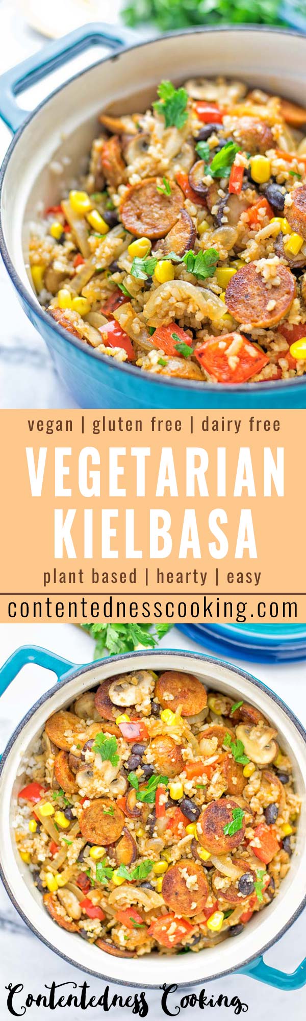 This Vegetarian Kielbasa is entirely vegan, gluten free and so delicious for lunch, dinner, meal prep and so much more. It's a great dairy free alternative, so satisfyingly packed with amazing flavors for everyone. Come and try it now, enjoy the best comfort food the whole family will love. #vegan #glutenfree #dairyfree #vegetarian #dinner #lunch #mealprep #worklunchideas #contentednesscooking #kielbasarecipes #easyfood #familymealplanning