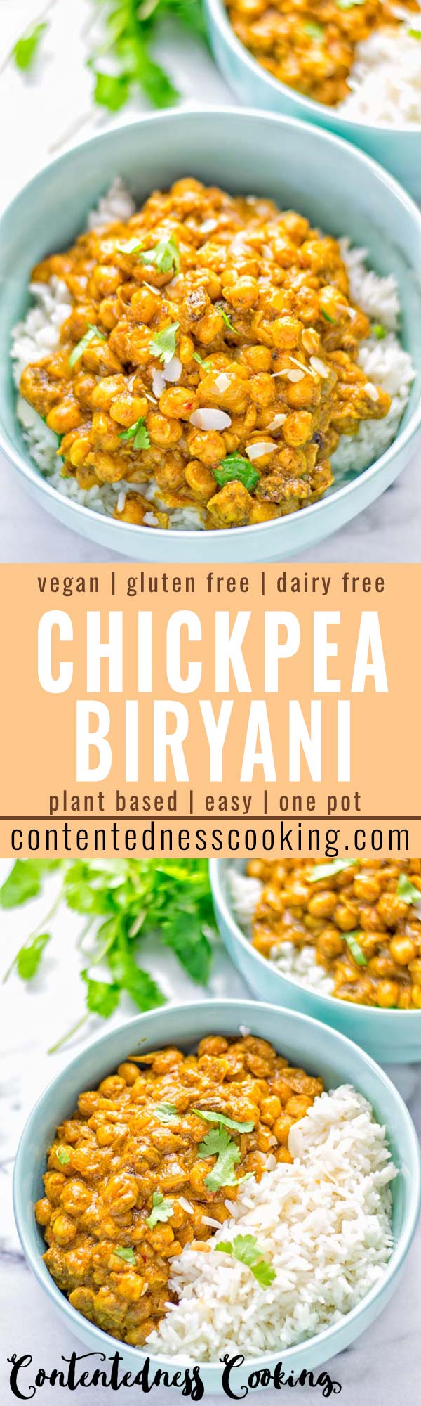 Insanely delicious One Pot Chickpea Biryani full of amazing flavors and naturally vegan, gluten free. An easy dish which is perfect for lunch, dinner, meal prep and work lunch. If you're looking for a super easy biryani try it now. #vegan #glutenfree #dairyfree #vegetarian #chickpeas #chickpeabiryani #biryani #onepotmeals #mealprep #worklunchideas #dinner #lunch #contentednesscooking