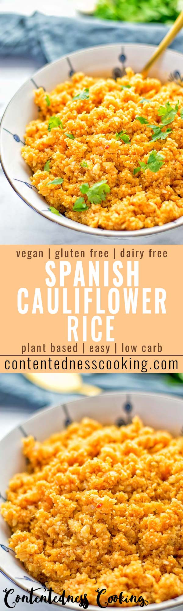 This Spanish Cauliflower Rice is naturally vegan, gluten free and seriously the best. It's super easy to make in one pan and packed with amazing flavors. An easy recipe for lunch, dinner, meal prep and work lunch. It's delicious on its own or as side dish. Try this great dairy free and low carb alternative now. #vegan #glutenfree #dairyfree #vegetarian #cauliflower #spanish #rice #lowcarb #mealprep #worklunchideas #lunch #dinner #sidedish #contentednesscooking #easyfood #budgetmeals