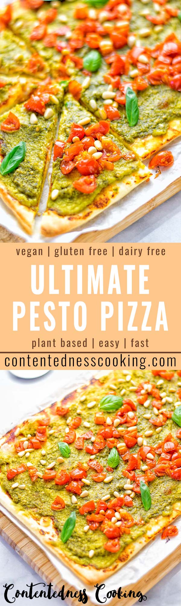 This White Bean and Pesto Pizza is super easy to make, entirely vegan and gluten free. If you love pizza and pesto you're coming to the right place. It's so delicious for lunch, dinner, meal preparation, and work lunch. Try it now and fall in love. #vegan #glutenfree #dairyfree #contentednesscooking #pesto #pizza #mealprep #worklunchideas #easyfood #lunch #dinner