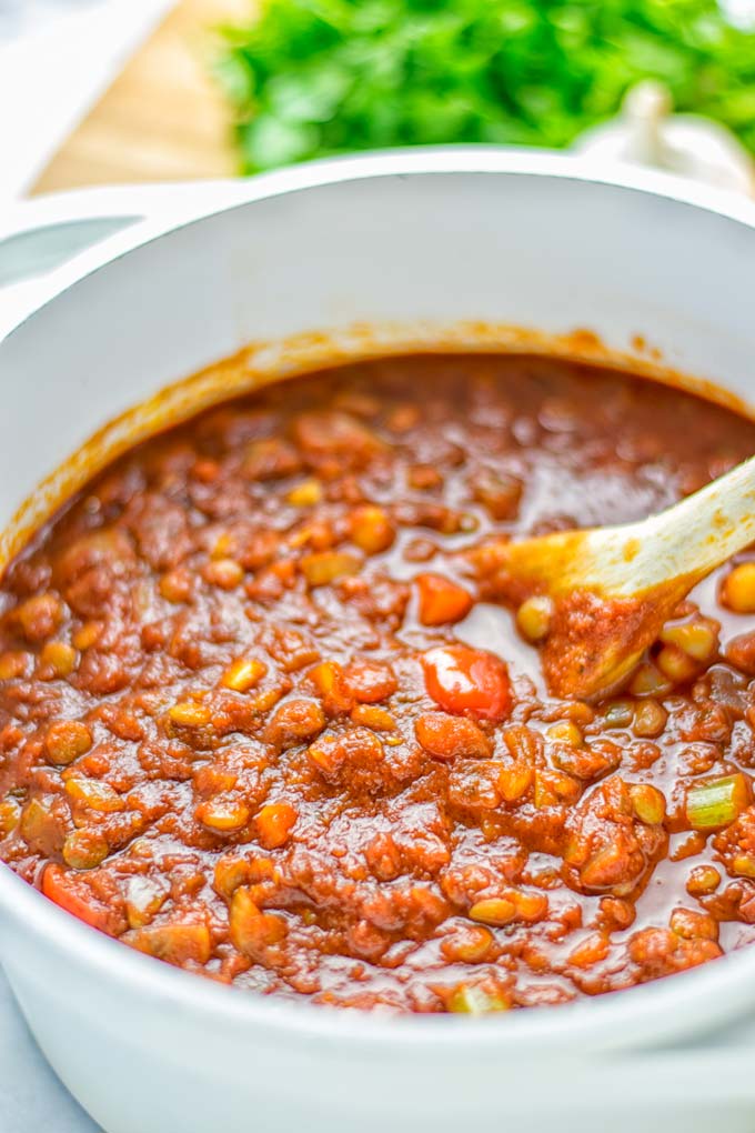 This Chickpea Lentil Bolognese is naturally vegan, gluten free and so super easy to make in one pot. It's amazing over your favorite pasta for dinner, lunch, meal preparation or a great dairy free alternative for work lunch. #vegan #glutenfree #dairyfree #vegetarian #onepotmeals #dinner #lunch #mealprep #worklunchideas #chickpeas #lentils #chickpeabolognese #lentilbolognese #contentednesscooking