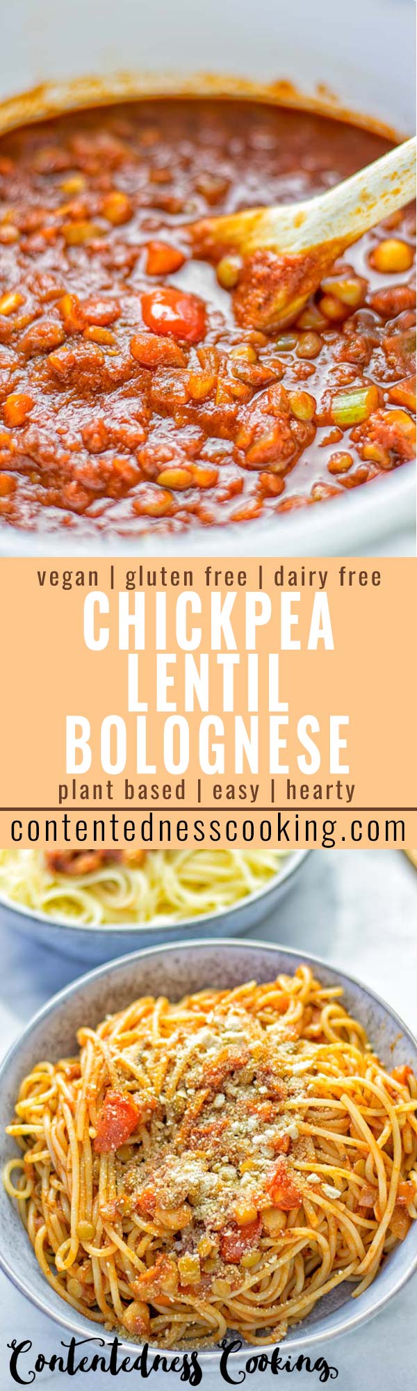 This Chickpea Lentil Bolognese is naturally vegan, gluten free and so super easy to make in one pot. It's amazing over your favorite pasta for dinner, lunch, meal preparation or a great dairy free alternative for work lunch. #vegan #glutenfree #dairyfree #vegetarian #onepotmeals #dinner #lunch #mealprep #worklunchideas #chickpeas #lentils #chickpeabolognese #lentilbolognese #contentednesscooking