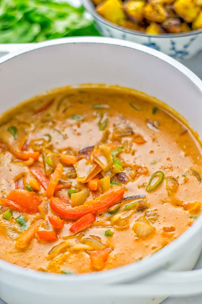 Amazingly mouthwatering Massaman Curry with Roasted Potatoes. So easy and delicious. It's naturally vegan, gluten free and so satisfying. Try it now for lunch, meal preparation, work lunch and dinner. From the first to the last bite you will know it's a keeper and winner for everyone. #vegan #glutenfree #dairyfree #vegetarian #dinner #lunch #curry #contentednesscooking #mealprep #massamancurry #worklunchideas