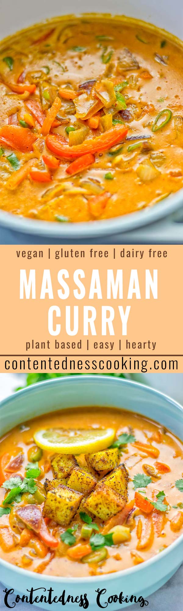 Amazingly mouthwatering Massaman Curry with Roasted Potatoes. So easy and delicious. It's naturally vegan, gluten free and so satisfying. Try it now for lunch, meal preparation, work lunch and dinner. From the first to the last bite you will know it's a keeper and winner for everyone. #vegan #glutenfree #dairyfree #vegetarian #dinner #lunch #curry #contentednesscooking #mealprep #massamancurry #worklunchideas