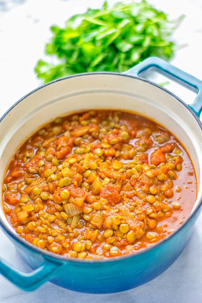 Amazingly tasty Moroccan Spiced Lentils super easy to make in one pot and packed with fantastic flavors. A super easy idea for lunch, dinner, meal prep and work lunch. Enjoy them plain, or over rice, so yummy! Try it now and you know what I'm taking about! #vegan #glutenfree #dairyfree #vegetarian #onepotmeals #lentils #moroccan #lunch #dinner #mealprep #worklunchideas #contentednesscooking #easyfood
