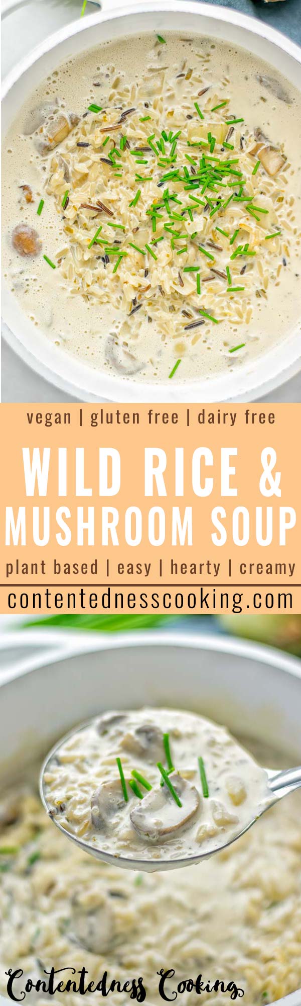 This Wild Rice and Mushroom Soup is entirely vegan, gluten free, and super easy to make in one pot. So amazing for the holidays, Christmas, dinner, lunch, meal preparation and work lunches. If you're looking for a super easy and delicious one pot meal, you will make this over and over again. #vegan #glutenfree #dairyfree #vegetarian #onepotmeals #holidays #christmas #contentednesscooking #mushrooms #soup #wildricesoup #mushroomsoup #dinner #lunch #mealprep #worklunchideas