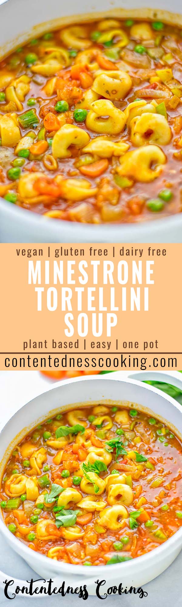 This Minestrone Tortellini Soup is entirely vegan, gluten free and super easy to make in one pot. If you're looking for a delicious minestrone recipe look no further and try it now for dinner, lunch, meal preparation or an amazing work lunch! #vegan #glutenfree #dairyfree #vegetarian #contentednesscooking #mealprep #onepotmeals #dinner #lunch #worklunchideas #minestrone #tortellinisoup #minestronesoup