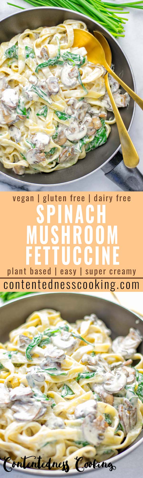 Super creamy and easy to make: Spinach Mushroom Fettuccine Alfredo entirely vegan, gluten free and the ultimate comfort food for dinner, lunch, meal preparation that the whole family will love. If you're looking for a delicious fettuccine Alfredo recipe try it now, it's a keeper. #vegan #glutenfree #dairyfree #vegetarian #contentednesscooking #dinner #lunch #mealprep #worklunchideas #fettuccinealfredo #spinachrecipes #mushroomrecipes #familydinnerideas #fettuccinerecipes #easy20minutemeals