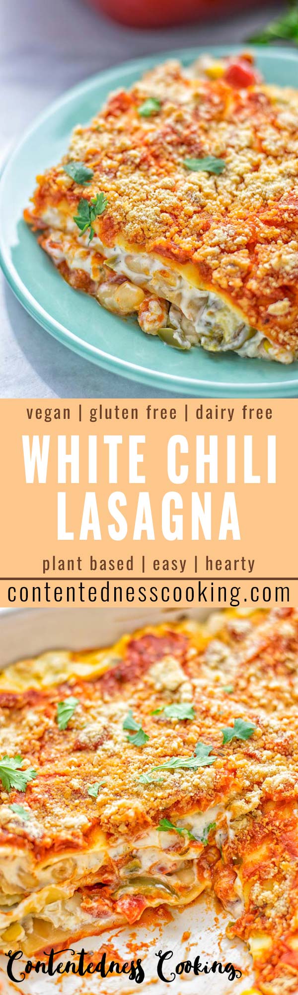 Super easy and insanely delicious White Chili Lasagna. Entirely vegan, gluten free and seriously so addictive. It's fantastic for dinner, lunch, meal preparation, work lunch that the whole family will love. Also a keeper for the holidays and date night. If you're looking for an easy lasagna recipe try this, now. #vegan #dairyfree #glutenfree #vegetarian #lasagna #mealprep #worklunchideas #whitechili #whitechilirecipes #holidays #dinner #lunch #datenightrecipesdinner #contentednesscooking