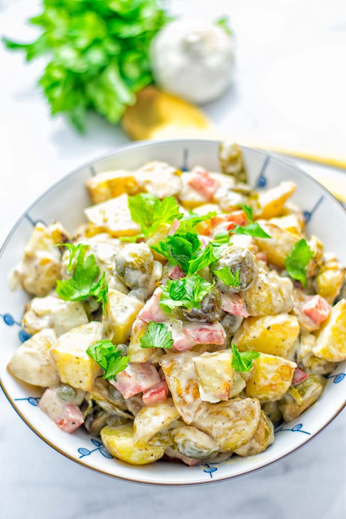 This Balsamic Brussels Sprouts Potato Salad is the ultimate comfort food and entirely vegan, gluten free. It's super delicious for dinner, lunch, meal prep and for Christmas or the holidays. Try it now and you can be sure the whole family will love it. #vegan #glutenfree #dairyfree #vegetarian #contentednesscooking #dinner #lunch #christmasfood #holidayfood #worklunchideas #mealprep #balsamicbrusselssprouts #potatosalad