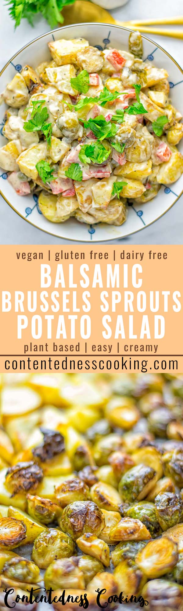 This Balsamic Brussels Sprouts Potato Salad is the ultimate comfort food and entirely vegan, gluten free. It's super delicious for dinner, lunch, meal prep and for Christmas or the holidays. Try it now and you can be sure the whole family will love it. #vegan #glutenfree #dairyfree #vegetarian #contentednesscooking #dinner #lunch #christmasfood #holidayfood #worklunchideas #mealprep #balsamicbrusselssprouts #potatosalad