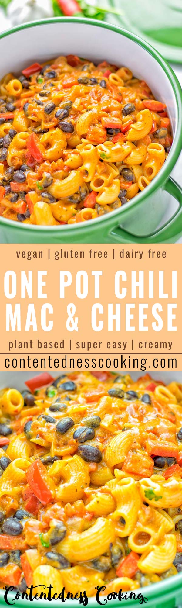 This One Pot Chili Mac & Cheese is super easy to make. It's insanely creamy, vegan, gluten free and ready in 20 minutes on the table. If you're looking for easy one pot meals that the whole family will love try it now and learn how easy meal preparation, dinner, lunch, work lunches and more can be. #vegan #glutenfree #vegetarian #dairyfree #onepotmeals #contentednesscooking #lunch #dinner #worklunchideas #mealprep #chilimacandcheese