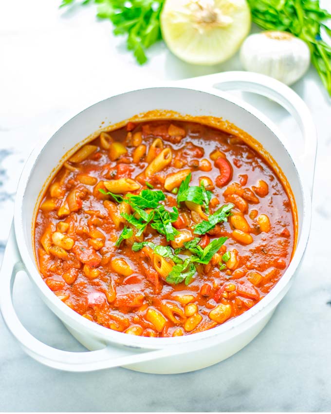 This Pasta Fagioli Soup is super easy to make in one pot and entirely vegan, gluten free. It's packed with so many delicious flavors and perfect for dinner, lunch, meal prep, work lunch and so much more. Try it and learn how easy it can be to make food for the whole family. #vegan #glutenfree #dairyfree #onepotmeals #vegetarian #contentednesscooking #mealprep #worklunchideas #dinner #lunch #pastafagiolisoup #20minutemeals