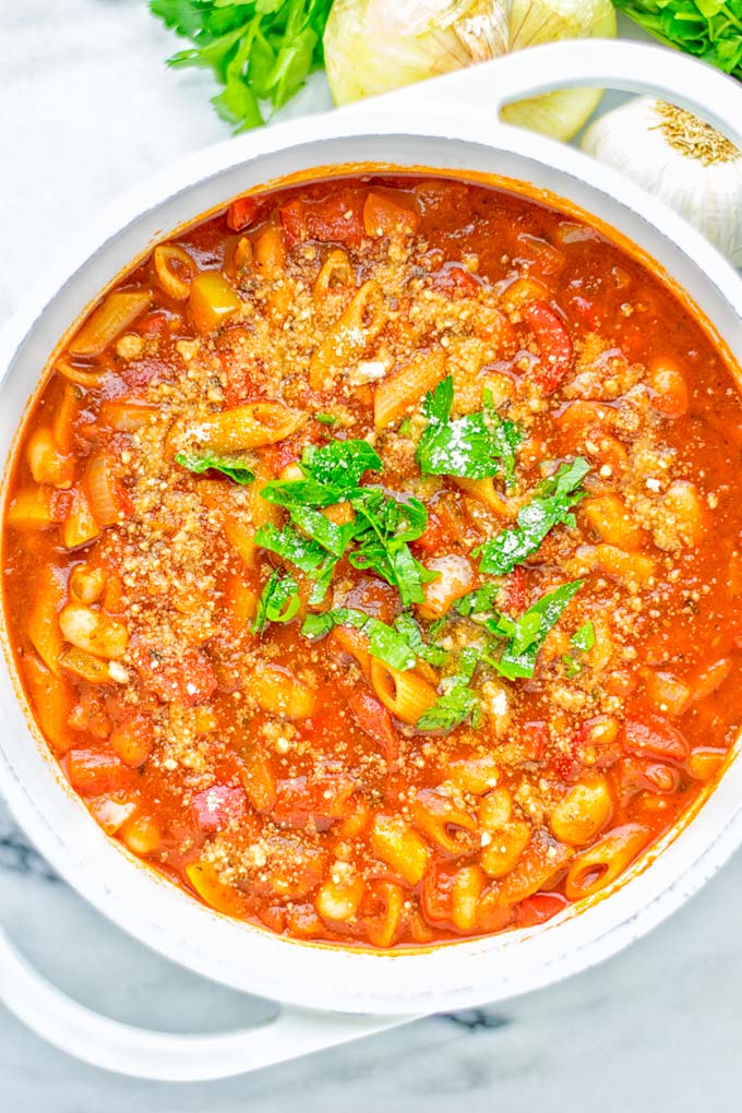 This Pasta Fagioli Soup is super easy to make in one pot and entirely vegan, gluten free. It's packed with so many delicious flavors and perfect for dinner, lunch, meal prep, work lunch and so much more. Try it and learn how easy it can be to make food for the whole family. #vegan #glutenfree #dairyfree #onepotmeals #vegetarian #contentednesscooking #mealprep #worklunchideas #dinner #lunch #pastafagiolisoup #20minutemeals