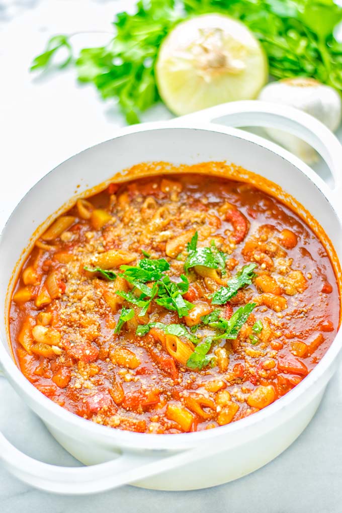 This Pasta Fagioli Soup is super easy to make in one pot and entirely vegan, gluten free. It's packed with so many delicious flavors and perfect for dinner, lunch, meal prep, work lunch and so much more. Try it and learn how easy it can be to make food for the whole family. #vegan #glutenfree #dairyfree #onepotmeals #vegetarian #contentednesscooking #mealprep #worklunchideas #dinner #lunch #pastafagiolisoup #20minutemeals