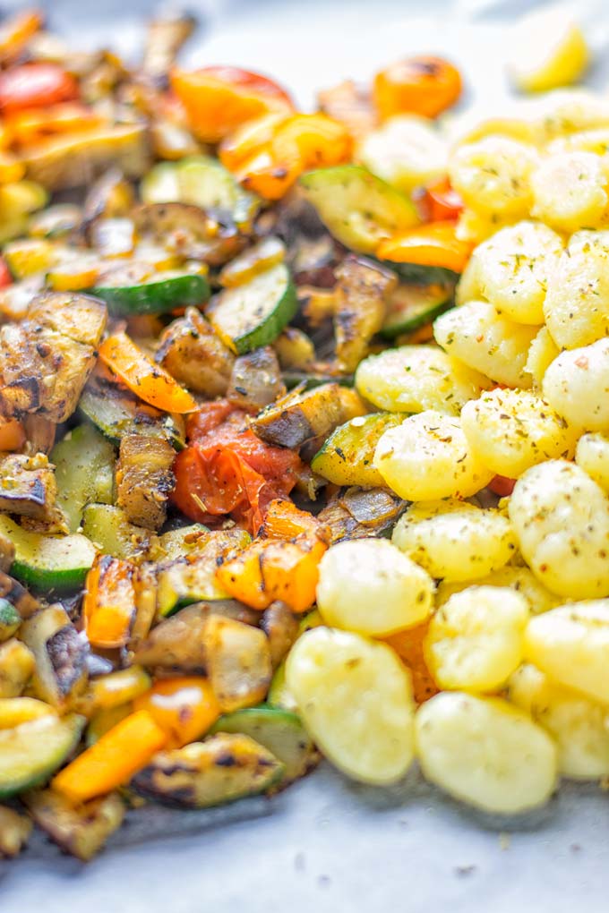 This Sheet Pan Ratatouille Gnocchi are super easy to make and naturally vegan, gluten free. It's made on a sheet pan which is a breeze for dinner, lunch, meal prep and work lunches. Try it now and the whole family will love it. #vegan #dairyfree #glutenfree #vegetarian #gnocchi #ratatouille #sheetpanmeals #contentednesscooking #dinner #lunch #mealprep #worklunchideas #familyfood #newyearhealtyeating