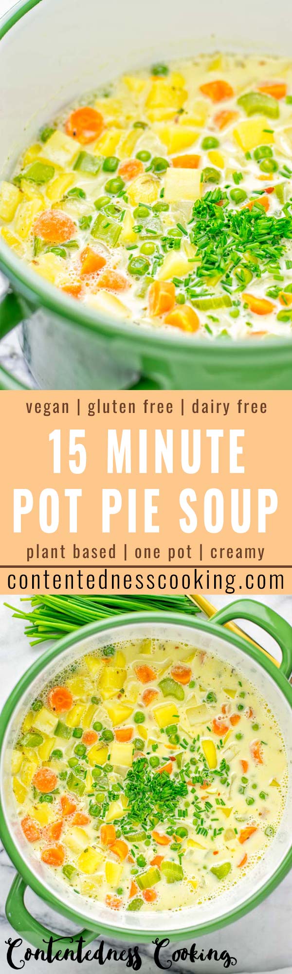 You won't believe this Vegan Pot Pie Soup is ready in 15 minutes. No one would guess it's vegan, gluten free, and dairy free. It's a satisfying meal made in one pot for lunch, dinner, meal prep even work lunches that you and your family will love. A time saving meal that is also a keeper for the holidays and Christmas. #vegan #glutenfree #dairyfree #vegetarian #onepotmeals #christmasfood #contentednesscooking #mealprep #dinner #lunch #worklunchideas #15minutemeals #holidaychristmas
