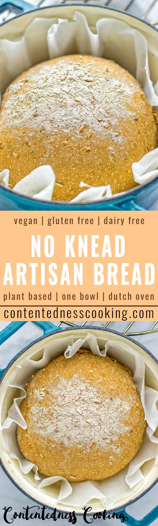 This Artisan Bread is naturally vegan, gluten free and made in the Dutch oven. It's easy to prepare in one bowl and the result will be impressive. Trust me there is nothing better than fresh homemade bread from the oven. This is perfect for breakfast, lunch and even dinner. Try this for your family and everyone will love it. #vegan #dairyfree #glutenfree #contentednesscooking #breakfast #dinner #lunch #artisanbread #nokneadbread #dutchovenbread #homemadebread #kidfriendlymeals #budgetmeals