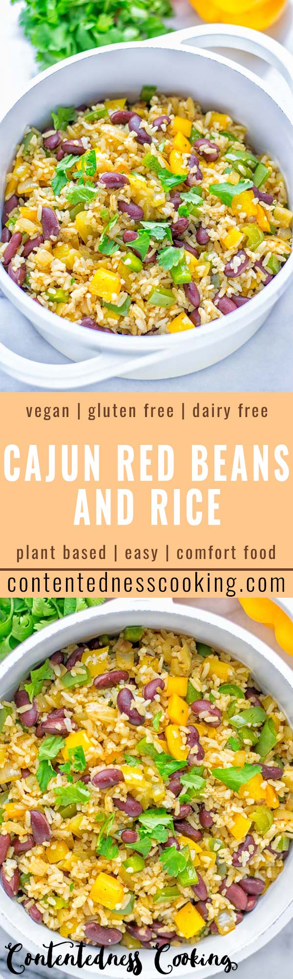 This Cajun Red Beans and Rice is an amazing one pot meal which is naturally vegan, gluten free. It's packed with bold and fantastic flavors the whole family will love for dinner, lunch, meal prep and work lunch and so much more. Once you've tried this you can't stop eating it so easy to make! #vegan #dairyfree #glutenfree #vegetarian #onepotmeals #dinner #lunch #worklunchideas #budgetmeals #contentednesscooking #cajunbeansandrice #mealprep