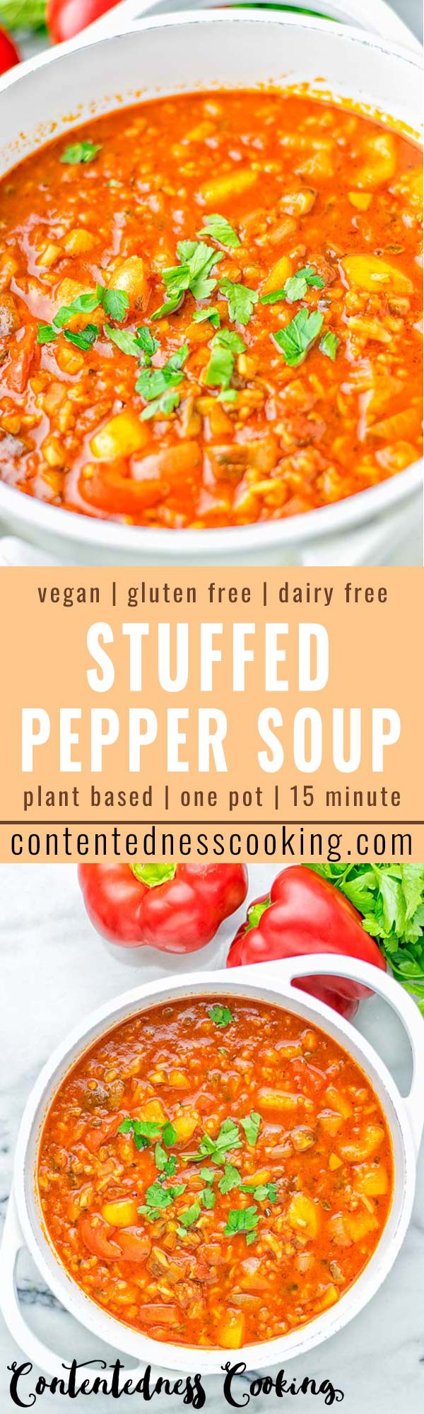 This Stuffed Pepper Soup is full of flavor with little preparation. In only 15 minutes, you have an easy and satisfying one pot meal which is naturally vegan, gluten free. Packed with mesmerizing flavors that the whole family will love for dinner, lunch, meal prep and so much more. Try it now and you will want this every day. #vegan #glutenfree #dairyfree #onepotmeals #vegetarian #mealprep #worklunchideas #stuffedpeppersoup #contentednesscooking #dinner #lunch