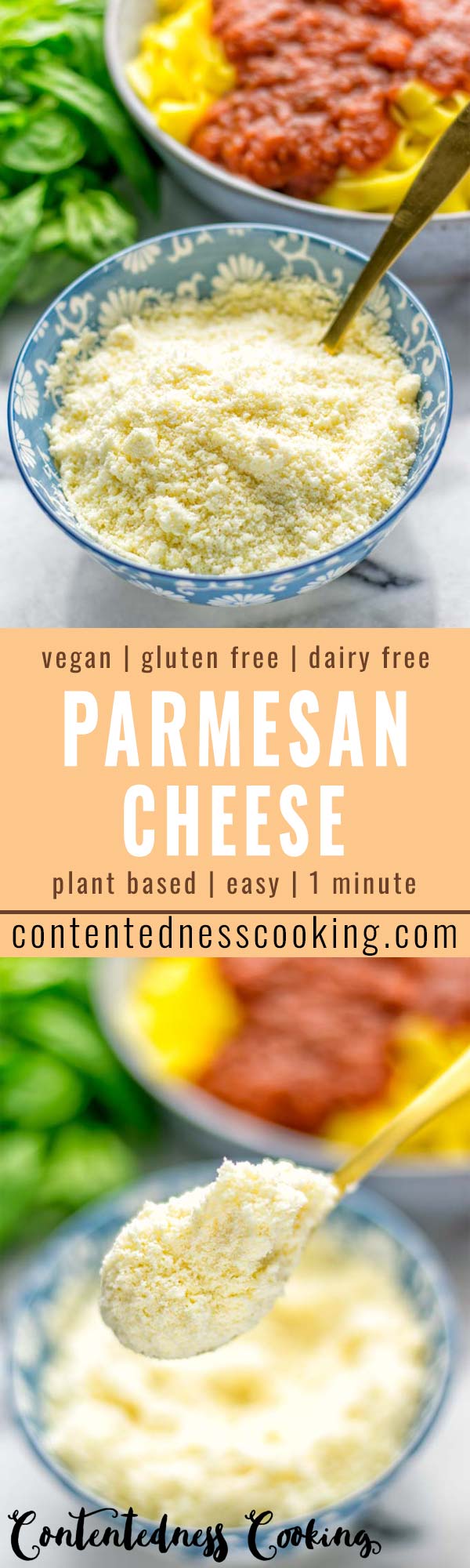 This Vegan Parmesan Cheese is made with super simple 3 ingredients in 1 minute. Trust me you really want this recipe - so versatile for all your pasta, casseroles, salads and so much more. It's a keeper for lunch, dinner, meal prep, work lunch that the whole family will love. #vegan #dairyfree #glutenfree #dinner #lunch #mealprep #worklunchideas #contentednesscooking #veganparmesancheese #pasta #pizza #casseroles #salads #familyfoodideas