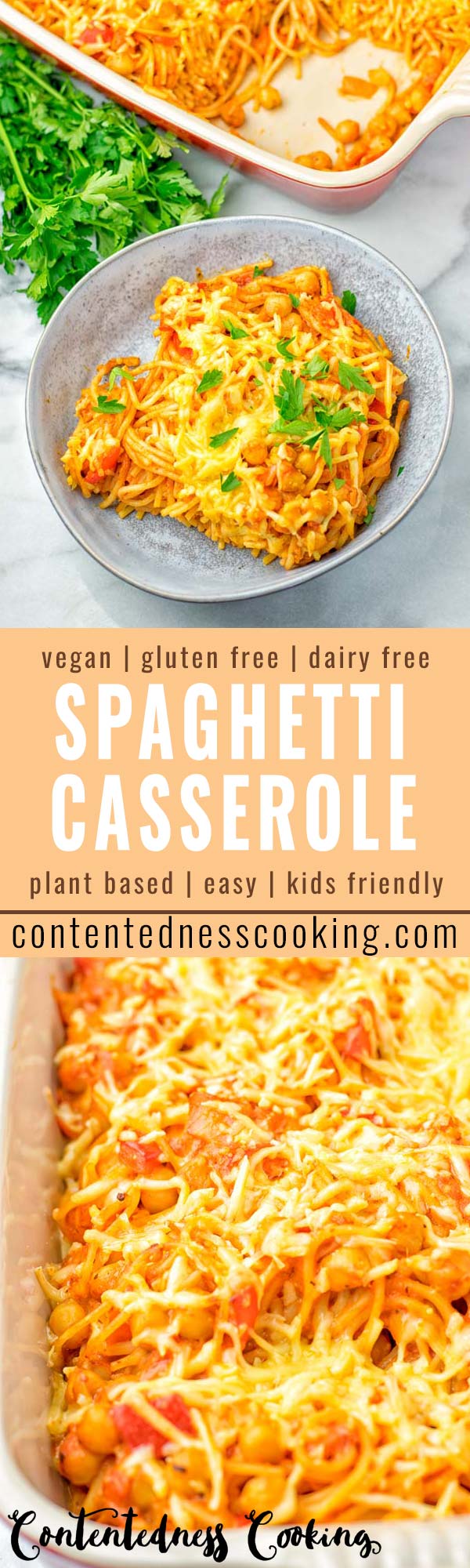 This Spaghetti Casserole is entirely vegan and gluten free. It's super easy to make and super satisfying for all your dinner, lunch meal prep, work lunch ideas, kid friendly means that the whole family will love. Once you've tried it you know you wanna eat it every day. #vegan #dairyfree #glutenfree #vegetarian #contentednesscooking #spaghetticasserole #dinner #lunch #mealprep #worklunchideas #kidfriendlydinners #familydinnerideas #quickeasydinner