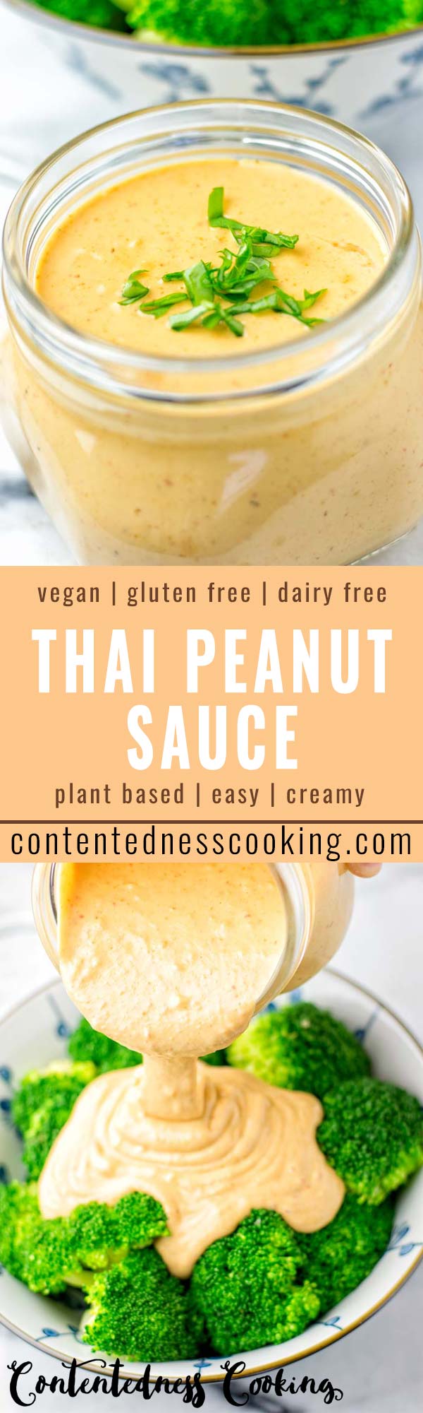 This Thai Peanut Sauce with Basil is naturally vegan, gluten free and super easy to make in less than 5 minutes. So versatile and a keeper for all your veggies, pasta and of course for your salads as a Thai Peanut dressing. Also the best for dinner, lunch, meal preparation and work lunches. #vegan #dairyfree #glutenfree #contentednesscooking #dinner #lunch #worklunchideas #vegetarian #thaipeanutsauce #budgetfriendlymeals #familydinnerideas