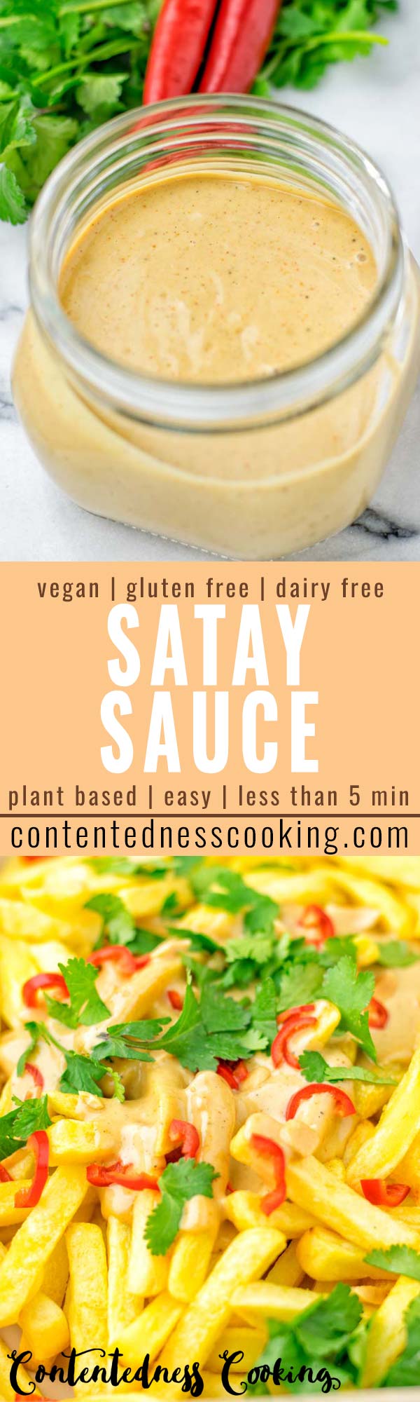 Two views of the sauce in a jar and over oven fries.