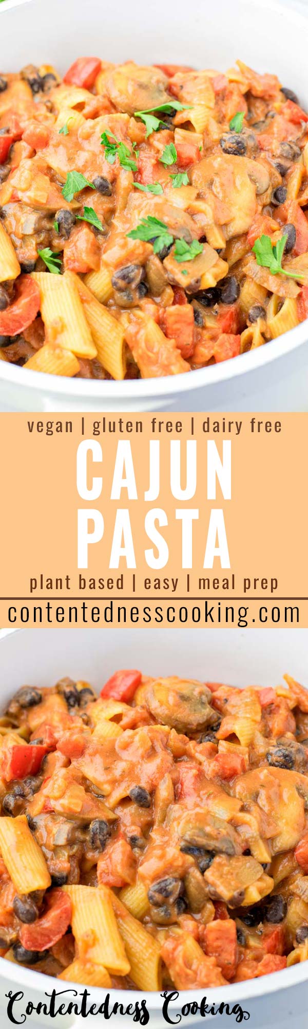 This Cajun Pasta is super easy to make and packed with such amazing flavors. No one would ever guess it is vegan and gluten free, too. Ready in under 30 minutes on the table, so amazing for dinner, lunch, meal prep that the whole family will love. #vegan #dairyfree #glutenfree #cajunpasta #30minutemeals #vegetarian #contentednesscooking #dinner #lunch #mealprep #comfortfood #familydinner