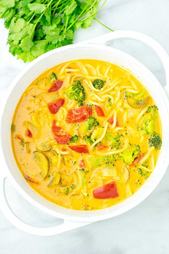 Top view of the Coconut Curry Noodle Soup.