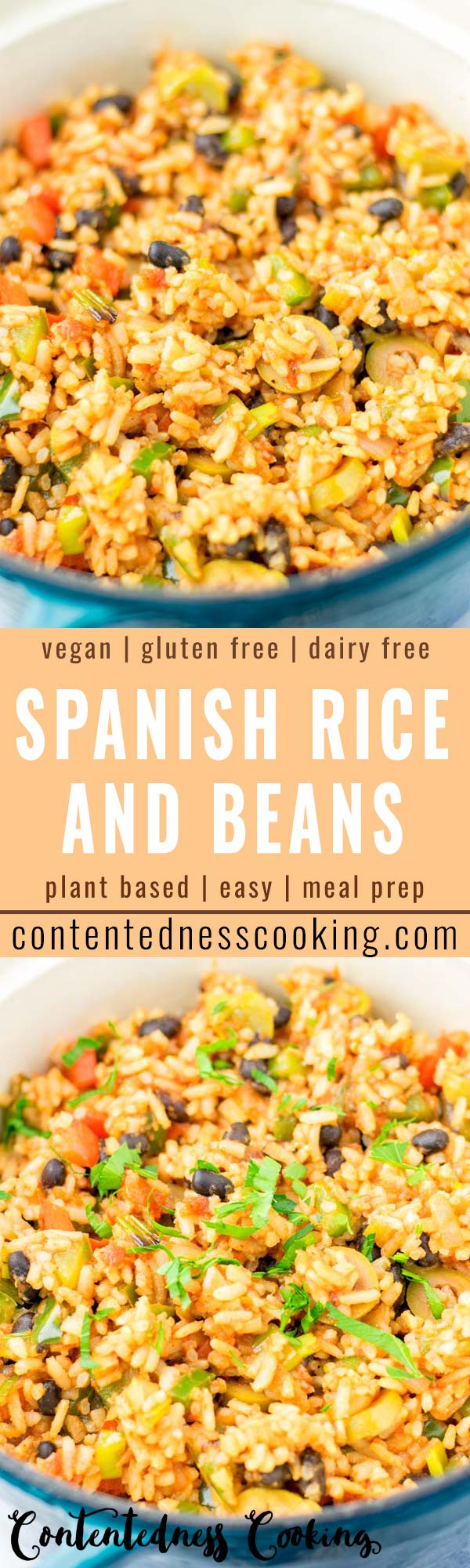 This Spanish Rice and Beans is made with authentic spices and is super easy to make in one pot. Ready in under 25 minutes and seriously so delicious. Amazing for dinner, lunch, meal prep and more. Also you will find an instant pot version. #vegan #dairyfree #glutenfree #vegetarian #onepotmeal #spanishriceinstantpot #dinner #lunch #mealprep #budgetmeals #contentednesscooking #comfortfood #familymeals #spanishriceandbeans