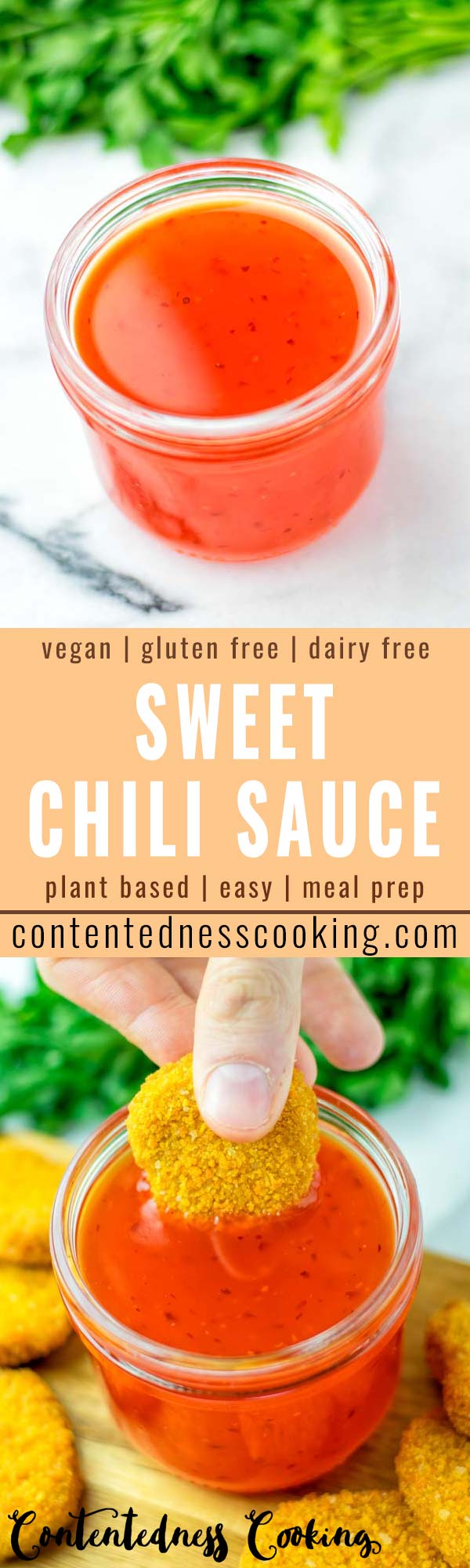 Make this Sweet Chili Sauce at home so delicious and versatile for many things. Homemade tastes so much better and will beat store bought in no time. Naturally vegan, gluten free and packed with such amazing flavors. Once you've tried it you know you need this condiment everyday. Great for dinner, lunch, meal prep that the whole family will love. #vegan #dairyfree #glutenfree #sweetchilisauce #vegetarian #contentednesscooking #dinner #lunch #mealprep #comfortfood #condiments