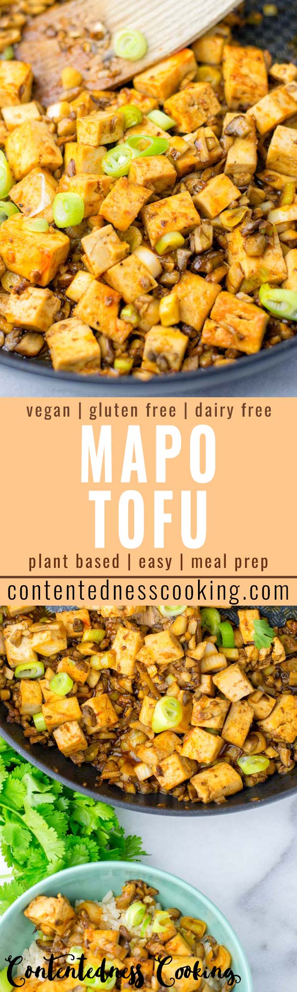 This Mapo Tofu is ready in under 15 minutes, versatile, flavor packed and protein rich. Serve plain or with rice and quinoa the ultimate Chinese comfort food made vegan plus gluten free, yum! #vegan #dairyfree #glutenfree #vegetarian #onepotmeals #contentednesscooking #15minutemeals #dinner #lunch #mealprep #budgetmeals #comfortfood #mapotofu