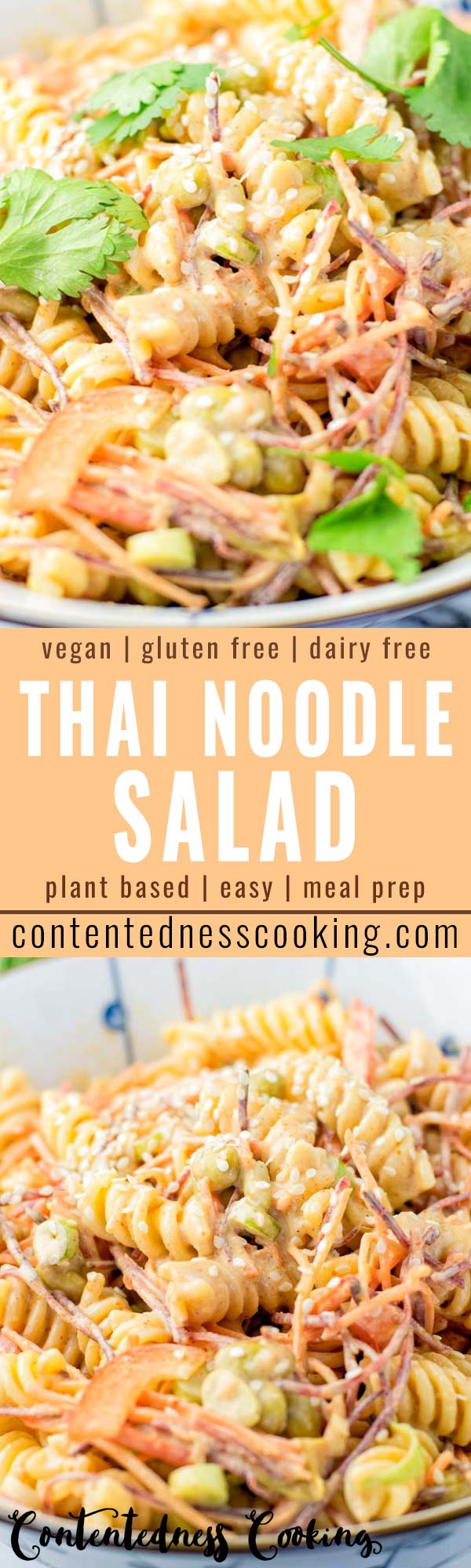 Filling and satisfying: This Thai Noodle Salad is covered in the most delicious Thai peanut sauce you've ever made and tasted. A keeper that tastes so delicious for dinner, lunch, meal prep and is so easy to make that the whole family will love, even the pickiest kids. #vegan #dairyfree #glutenfree #vegetarian #thainoodlesalad #peanutsauce #dinner #lunch #mealprep #comfortfood #worklunchideas #budgetmeals #contentednesscooking #comfortfood #familymeals