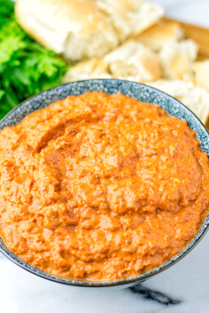 Homemade Romesco Sauce in a blue bowl.