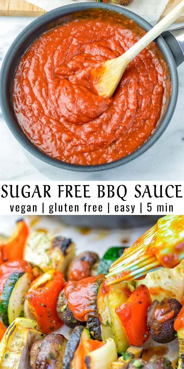 This Sugar Free BBQ Sauce is made with monk fruit sweetener and super easy to make. It is a keeper for all your potato recipes, vegetable skewers and so much more. Try it now and be sure it has never been easier to make a low carb bbq sauce at home. #vegan #dairyfree #glutenfree #vegetarian #lowcarbbqsauce #sugarfreesauces #dinner #lunch #mealprep #contentednesscooking #keto #paleo