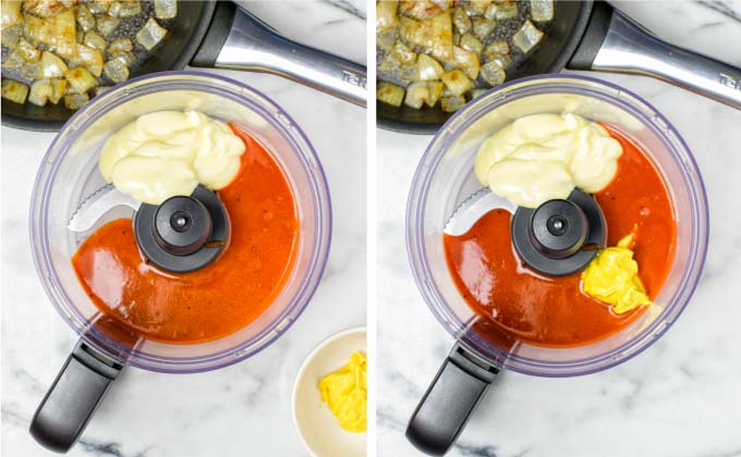 Second step of making the awesome sauce is combining all wet ingredients in a food processor.