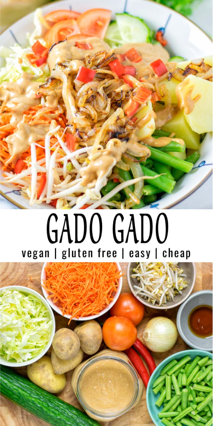 Easy and filling: this Gado Gado is made with simple ingredients and budget friendly. Naturally vegan, a keeper that even the pickiest kids will eat. #vegan #dairyfree #vegetarian #glutenfree #contentednesscooking #dinner #lunch #mealprep #gadogado