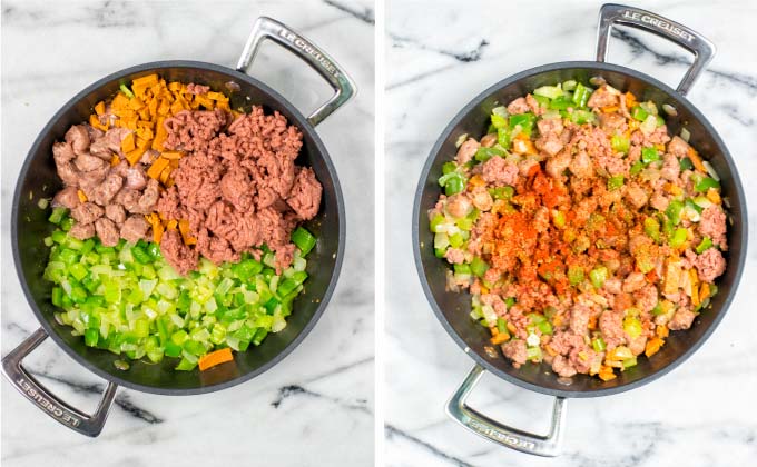 Vegan sausage bits, vegan ground meat, and bacon strips are added next to the pan.