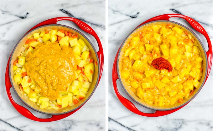 In a second step, curry sauces are added to the pan and the potatoes are cooked in the sauce.