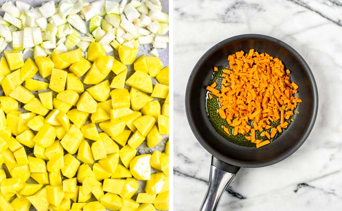 Step 1: Baking potato cubes in the oven.