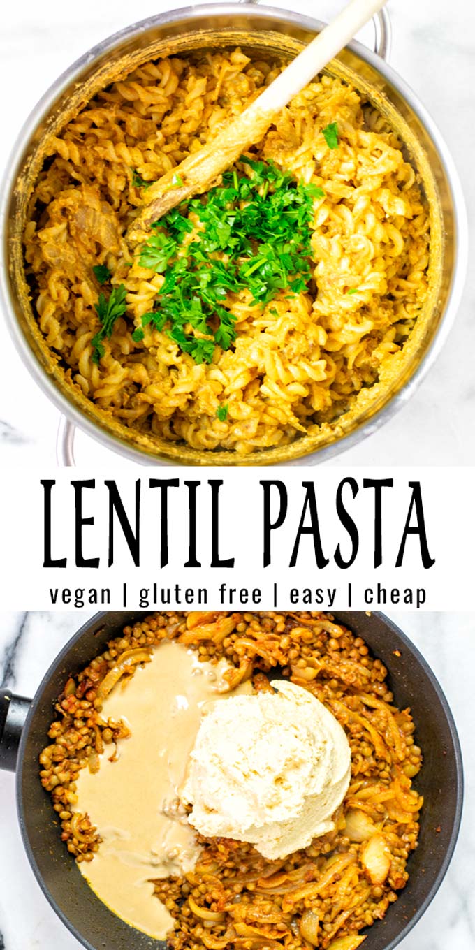 Collage of two pictures of this Lentil Pasta recipe, with recipe text.