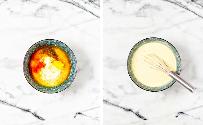 Making the creamy dressing for the pasta salad in a small bowl.