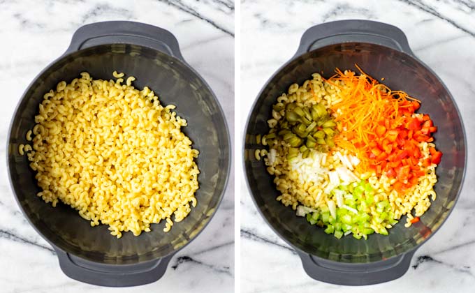 Combining the pasta and vegetable ingredients in a large bowl.