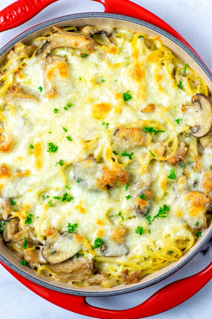 Top view on the baked Tetrazzini.